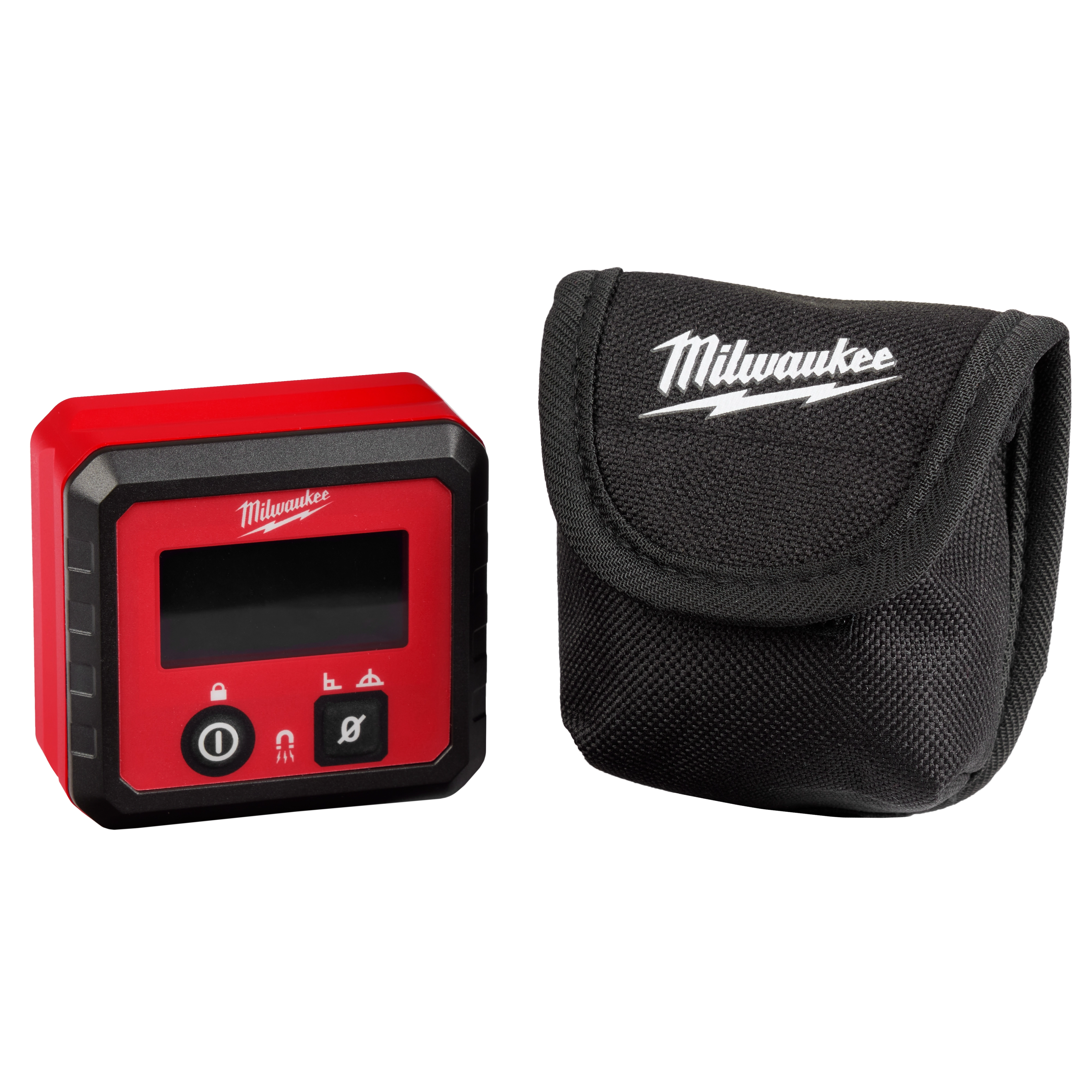 Red and black Digital Angle Gauge with LCD screen, power button, and icons. Includes black fabric case with logo.