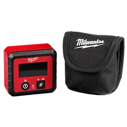 Red and black Digital Angle Gauge with LCD screen, power button, and icons. Includes black fabric case with logo.