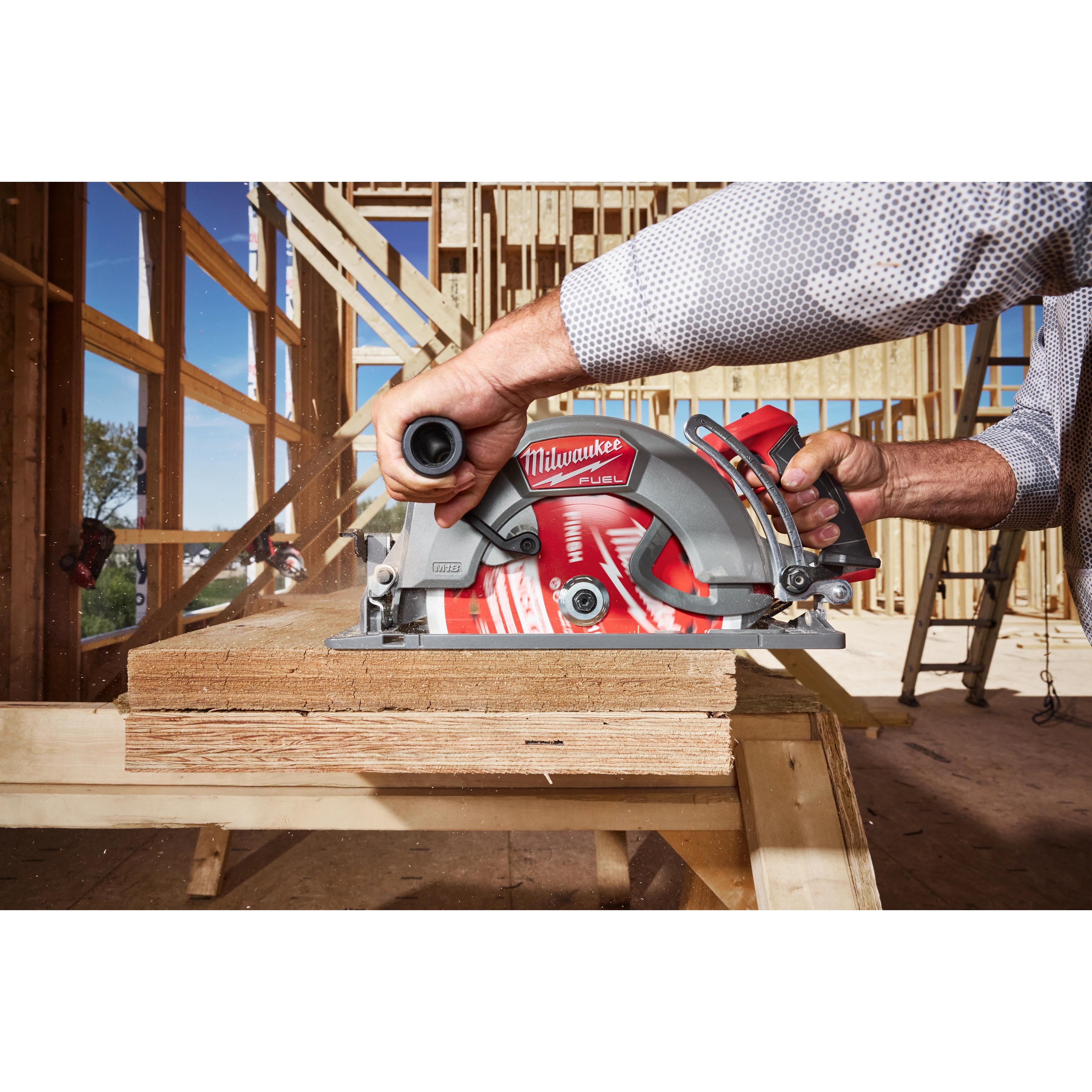 10-1/4" 40T Thick Kerf Finish Circular Saw Blade mounted on a circular saw cutting stacked boards in a framed structure.