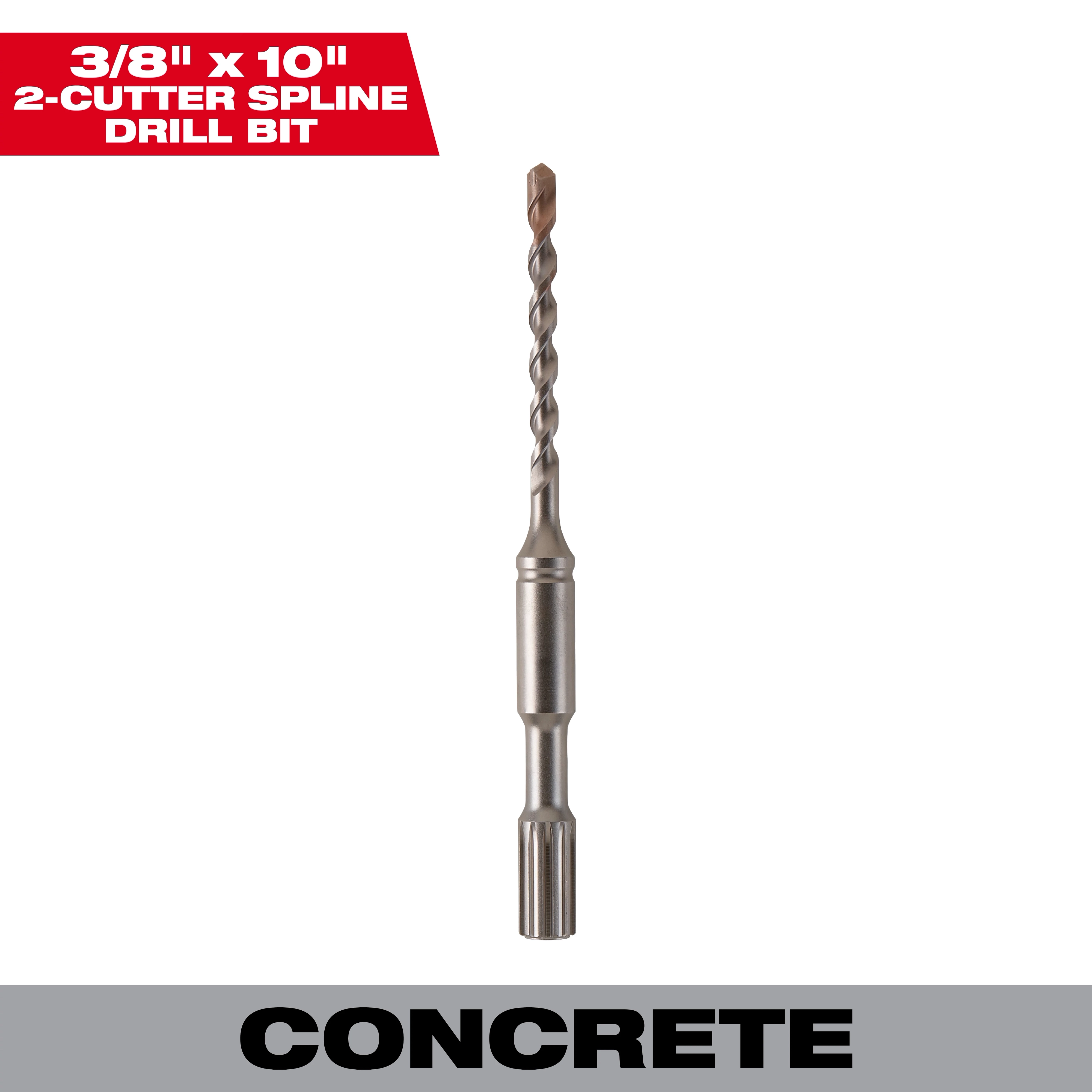 Spline Bit 2-Cutter 3/8" x 10" designed for concrete drilling, with a sleek, metallic finish and spiral fluted tip.