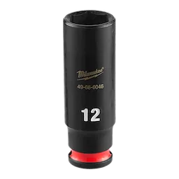 SHOCKWAVE Impact Duty 1/4" Drive 12MM Deep Impact Socket in black with silver labeling and a red accent near the base.