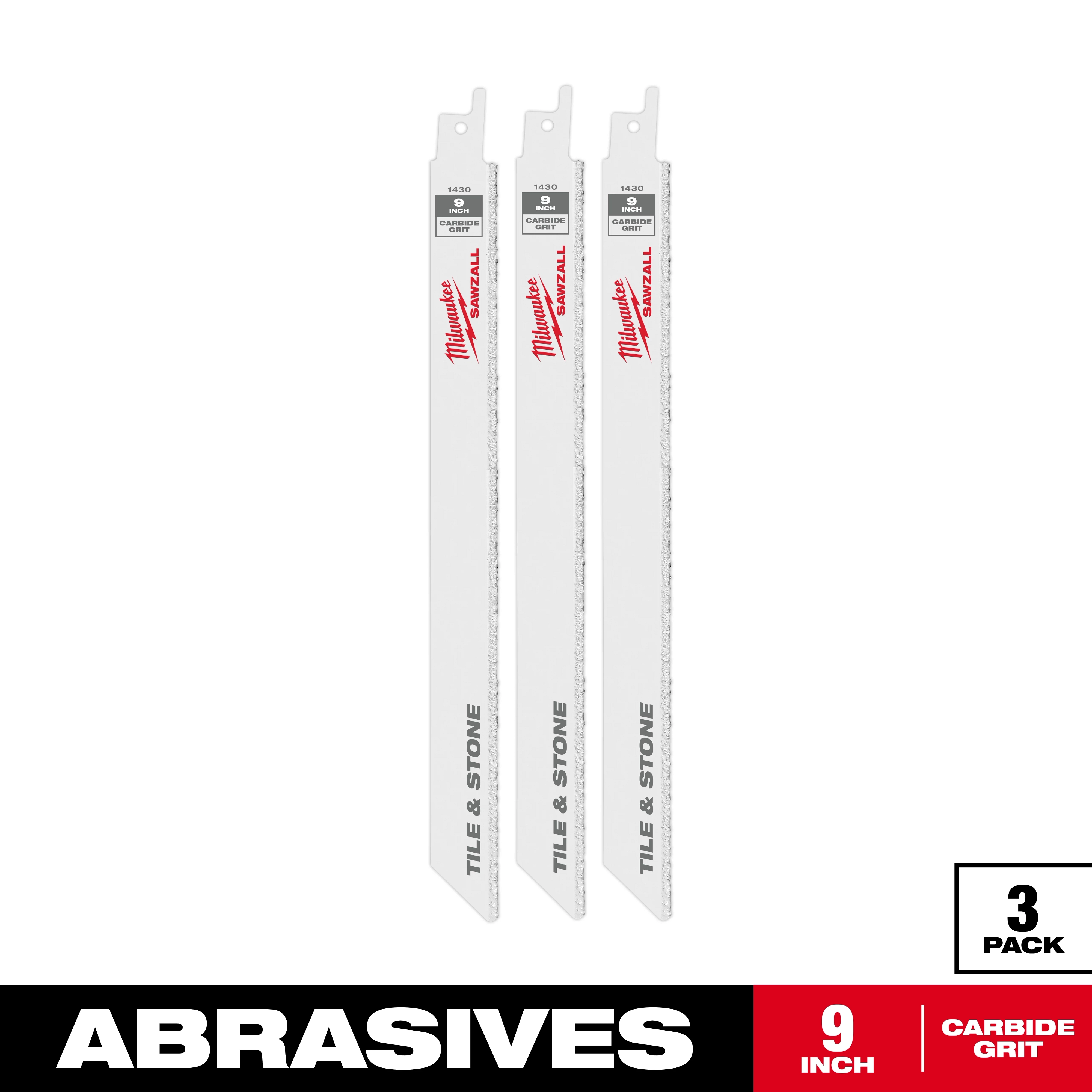 The 9" Carbide Grit SAWZALL® Blade (3 PK) includes three white blades with black and red branding. They are designed for cutting tile and stone. The pack is labeled "3 pack" and "ABRASIVES" with details in red and black at the bottom.