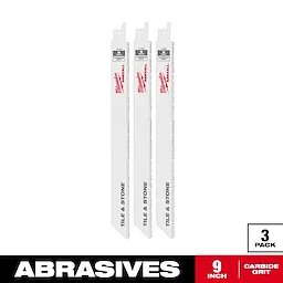 The 9" Carbide Grit SAWZALL® Blade (3 PK) includes three white blades with black and red branding. They are designed for cutting tile and stone. The pack is labeled "3 pack" and "ABRASIVES" with details in red and black at the bottom.