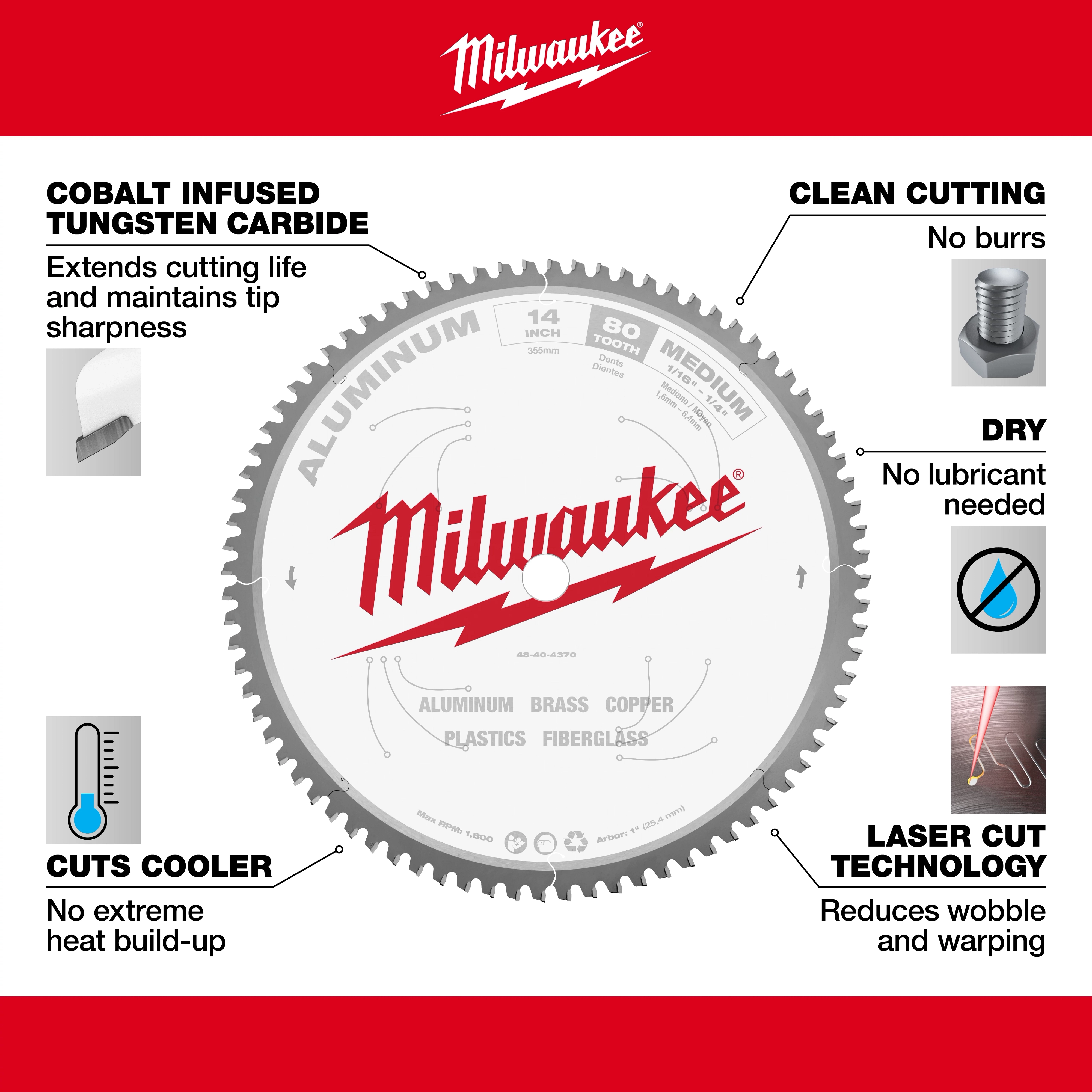 Milwaukee 48-40-4370 Walkaround circular saw blade, featuring cobalt-infused tungsten carbide, laser-cut technology, and a clean cutting surface.