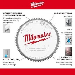 Milwaukee 48-40-4370 Walkaround circular saw blade, featuring cobalt-infused tungsten carbide, laser-cut technology, and a clean cutting surface.