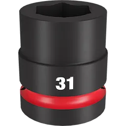 1" DR 31MM STD Impact Socket is a black, cylindrical tool with a red band and large white "31" marking. Designed for heavy-duty applications, it features a hexagonal opening for attaching to impact wrenches.