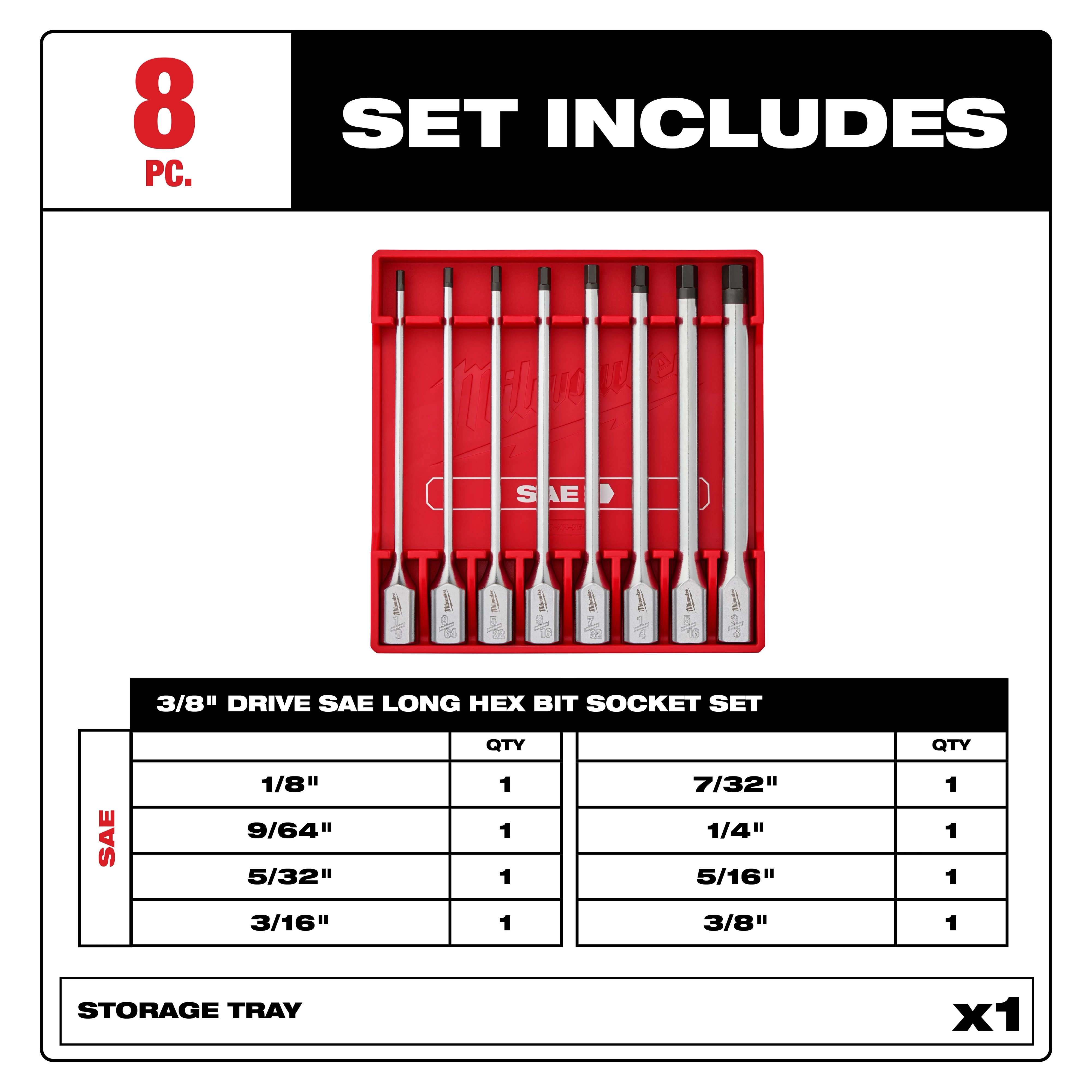 8pc 3/8” Drive Long Hex Bit Socket Set - SAE includes 8 hex bit sockets in sizes 1/8" to 3/8", organized in a red storage tray.