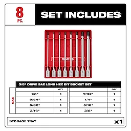 8pc 3/8” Drive Long Hex Bit Socket Set - SAE includes 8 hex bit sockets in sizes 1/8" to 3/8", organized in a red storage tray.