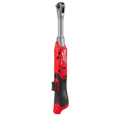The M12 FUEL 1/4" Extended Reach Ratchet is a compact, cordless ratchet with a red and black ergonomic design. Its extended reach head facilitates access to tight spaces, enhancing user control and efficiency.