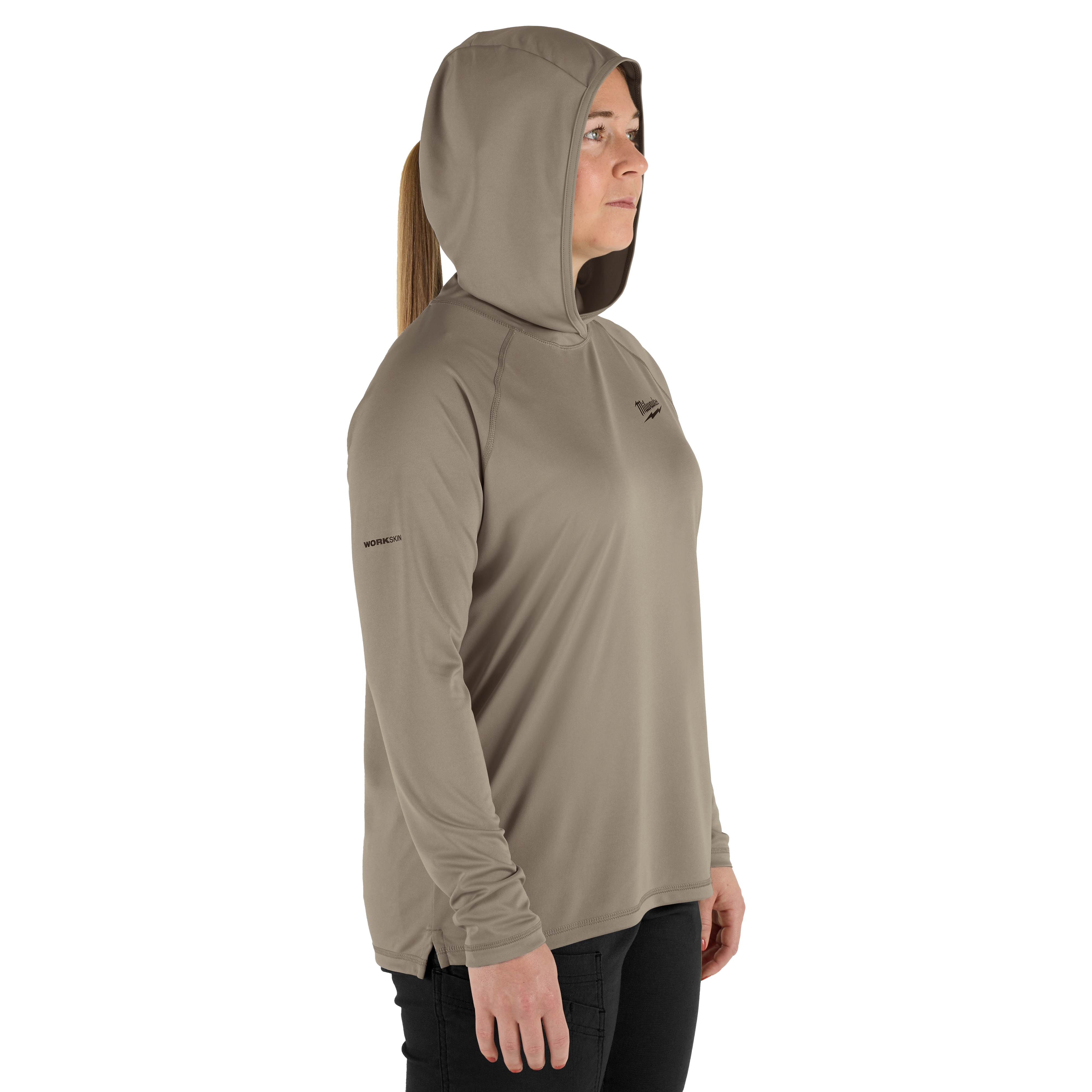 The Women's WORKSKIN Hooded Sun Shirt – Sandstone features a lightweight, long-sleeve design with a hood for sun protection. The shirt is shown in a neutral sandstone color.