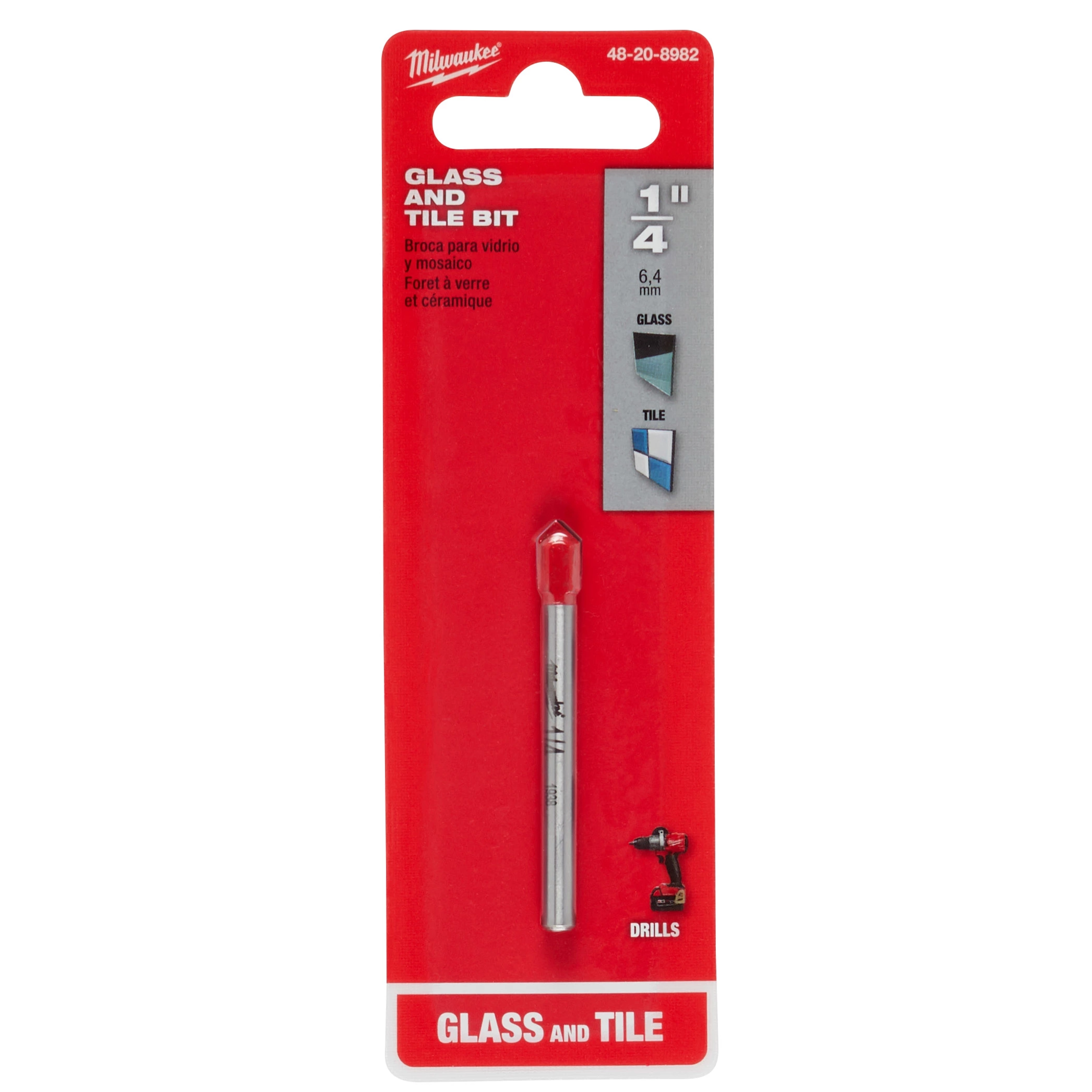 Glass and Tile Bit, 1/4" packaged in red and silver, labeled for drilling glass and tiles. Packaging includes product dimensions.