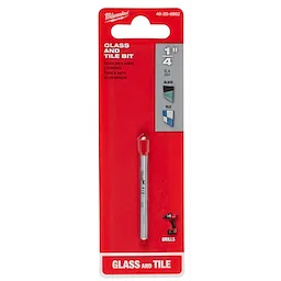 Glass and Tile Bit, 1/4" packaged in red and silver, labeled for drilling glass and tiles. Packaging includes product dimensions.