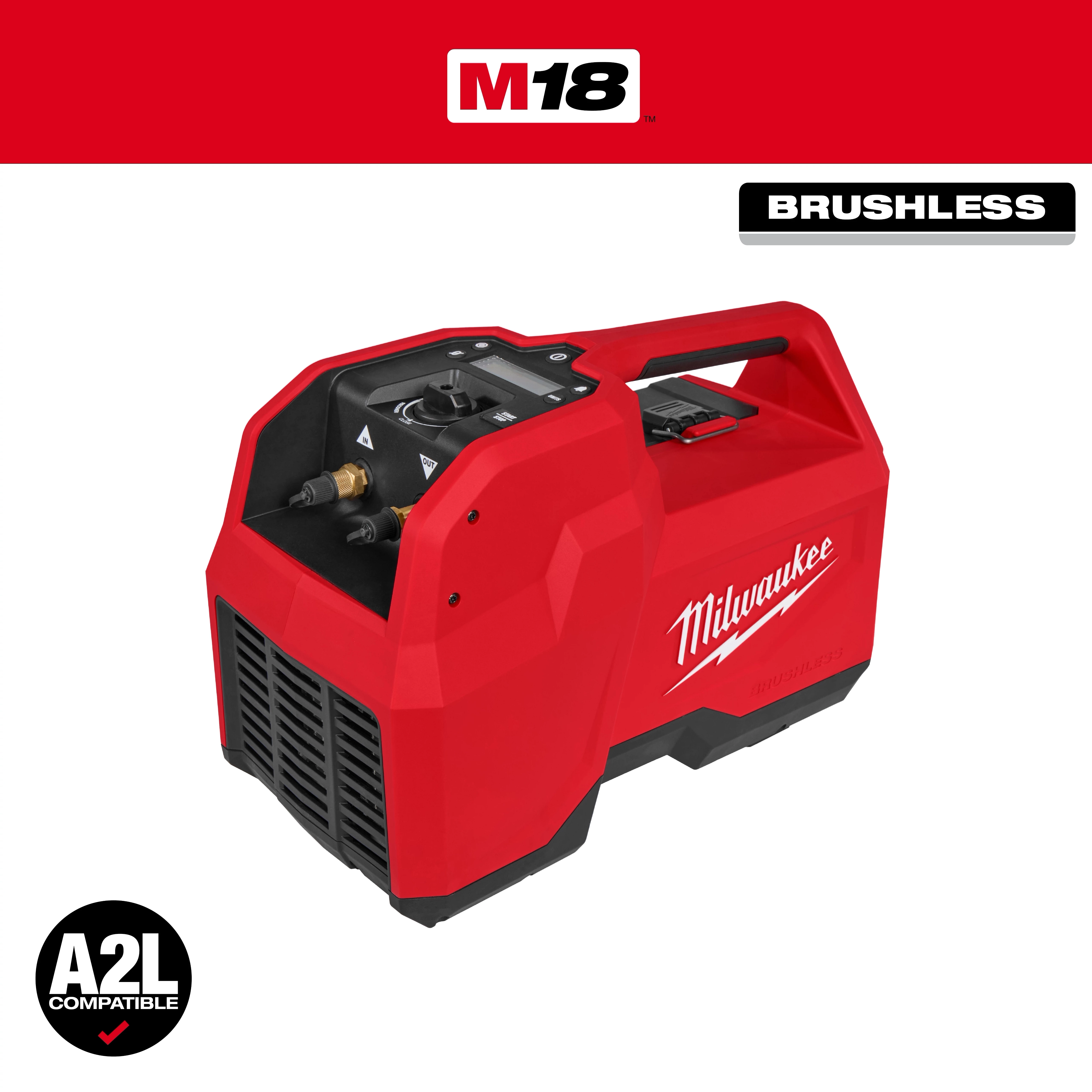 Red Milwaukee M18 Brushless Refrigerant Recovery Machine with handle and control panel, compatible with A2L refrigerants.