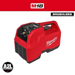 Red Milwaukee M18 Brushless Refrigerant Recovery Machine with handle and control panel, compatible with A2L refrigerants.