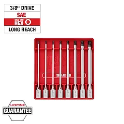 8pc 3/8” Drive Long Ball End Hex Bit Socket Set - SAE in a red case, featuring 8 long-reach hex bit sockets. Lifetime guarantee.