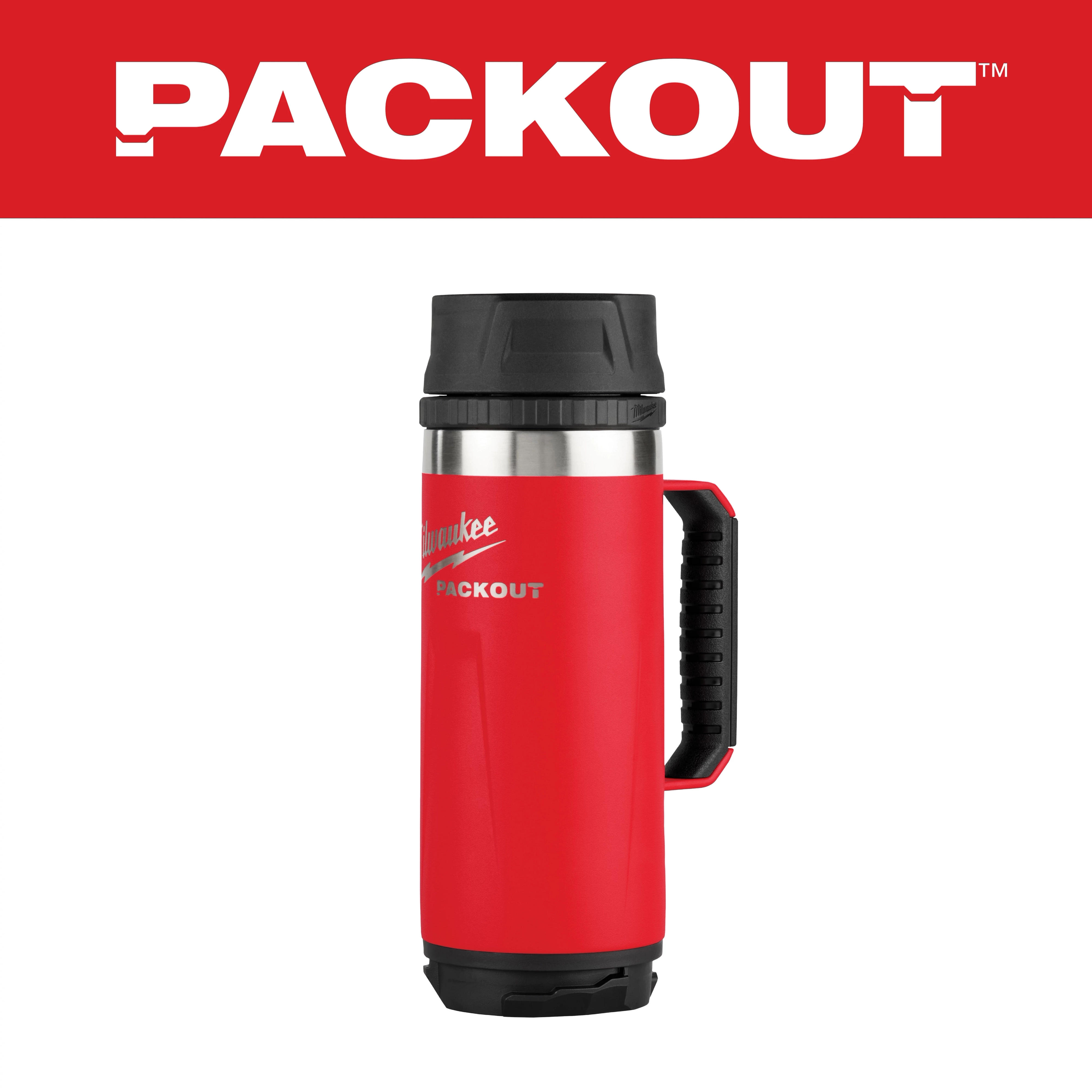 Red PACKOUT 18oz Insulated Mug with Sip Lid, featuring a black handle and lid, displayed against a white background with a red PACKOUT banner.