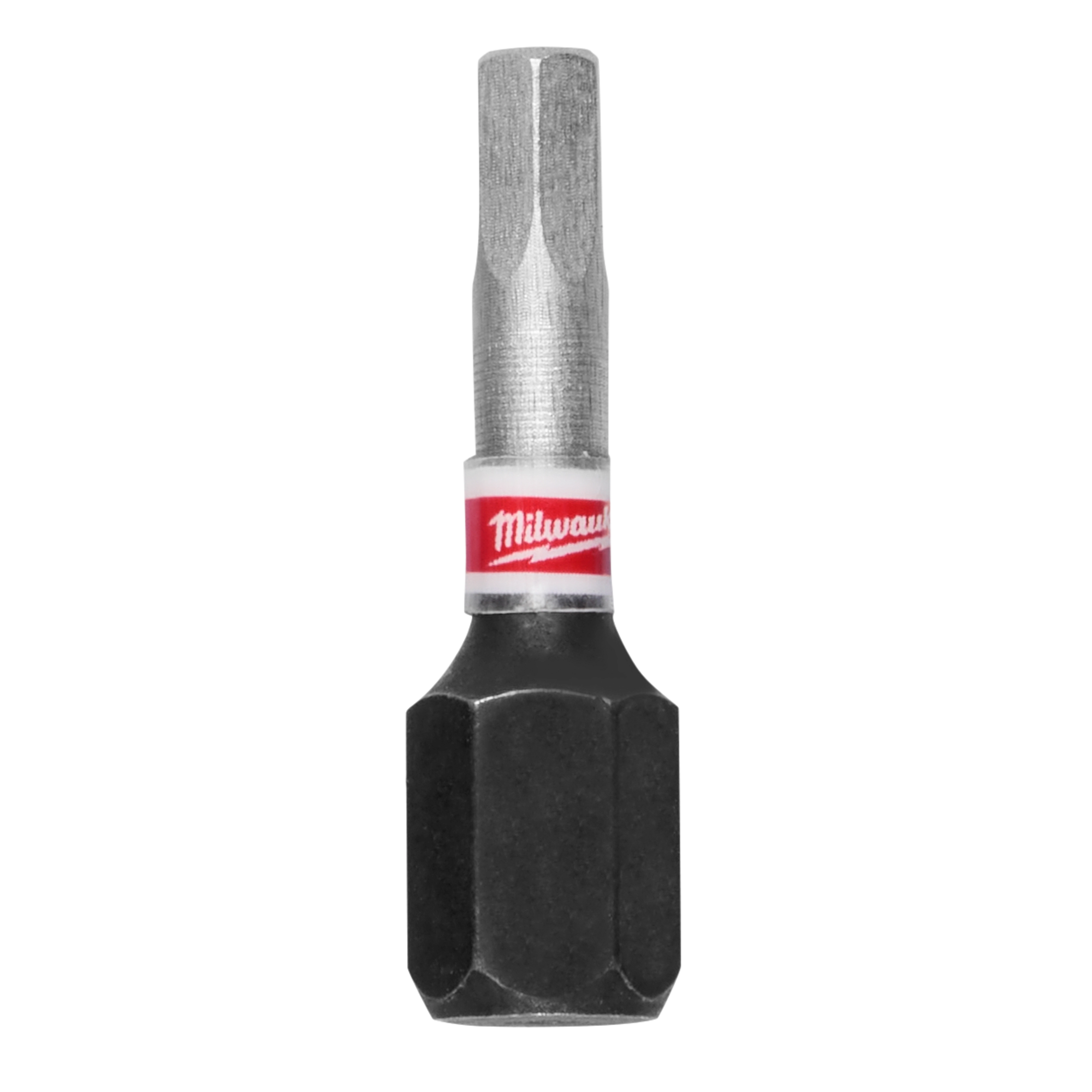 Image of a single SHOCKWAVE™ 1" Impact Duty Hex 1/8" Insert Bit. The bit is metallic with a hexagonal base and features a red and white Milwaukee logo near the top. The image represents one of the 25 bits included in the bulk package.