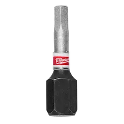 Image of a single SHOCKWAVE™ 1" Impact Duty Hex 1/8" Insert Bit. The bit is metallic with a hexagonal base and features a red and white Milwaukee logo near the top. The image represents one of the 25 bits included in the bulk package.