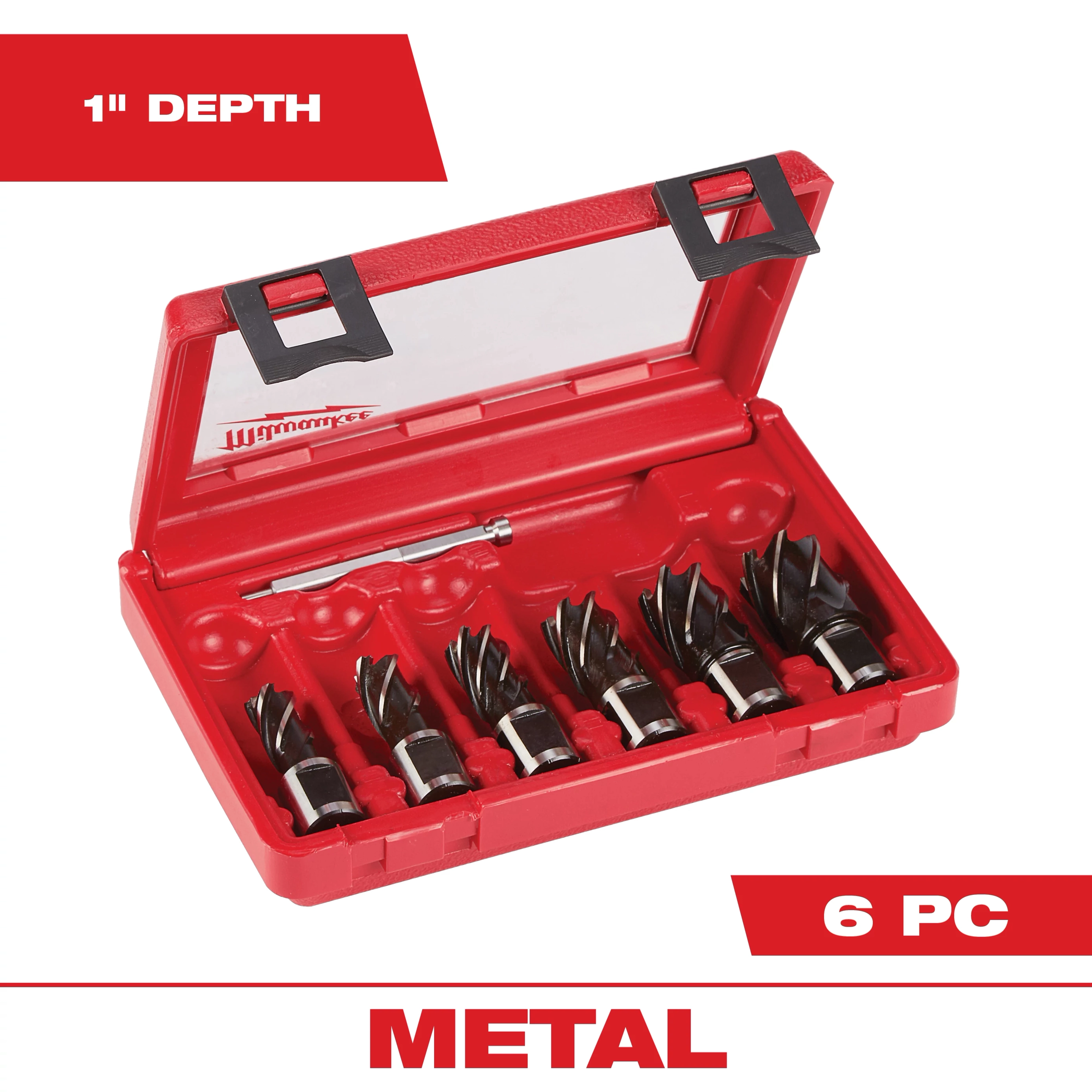 The High Speed Steel Annular Cutter Kit With 3/4 in. Weldon Shank (6-Piece) is shown in a red plastic case. The kit includes six black and silver cutters, designed for 1-inch depth metal cutting.