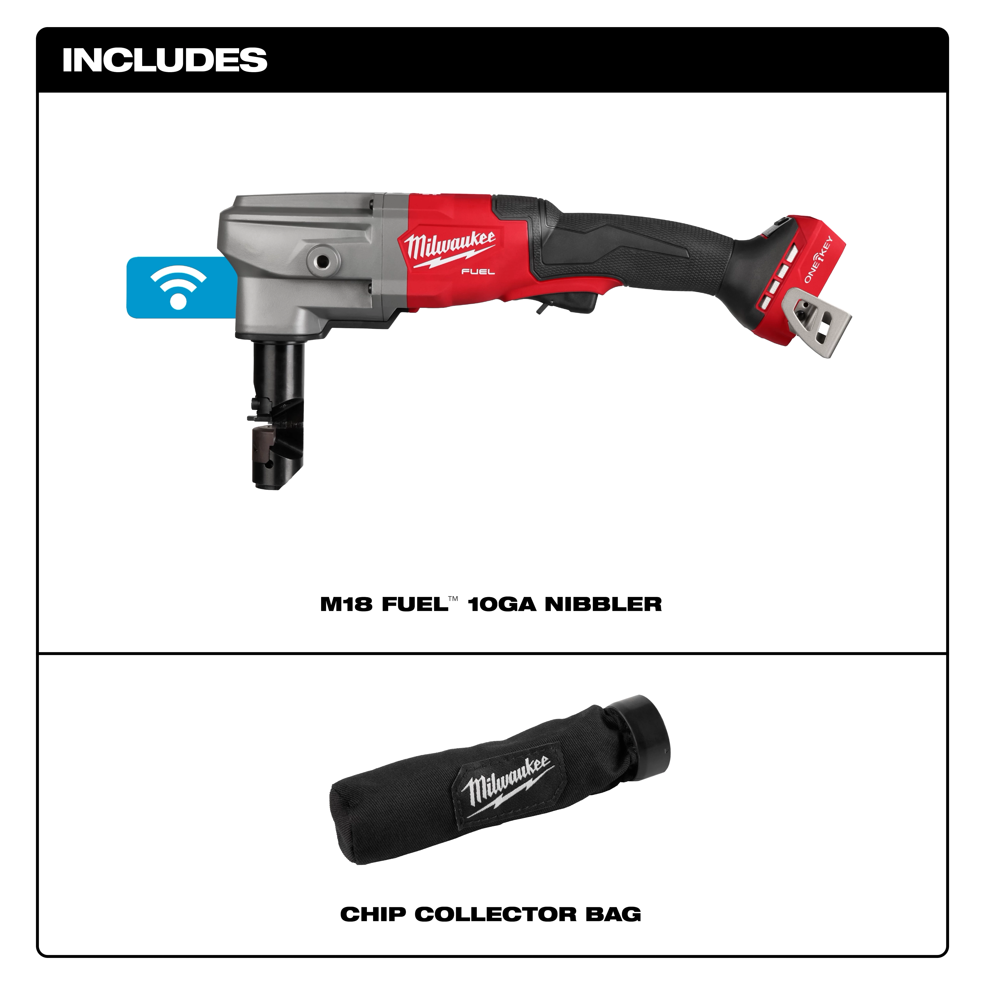 The image shows the M18 FUEL™ 10 Gauge Nibbler, a handheld power tool with a black and red design, along with a Milwaukee-branded chip collector bag.