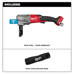 The image shows the M18 FUEL™ 10 Gauge Nibbler, a handheld power tool with a black and red design, along with a Milwaukee-branded chip collector bag.