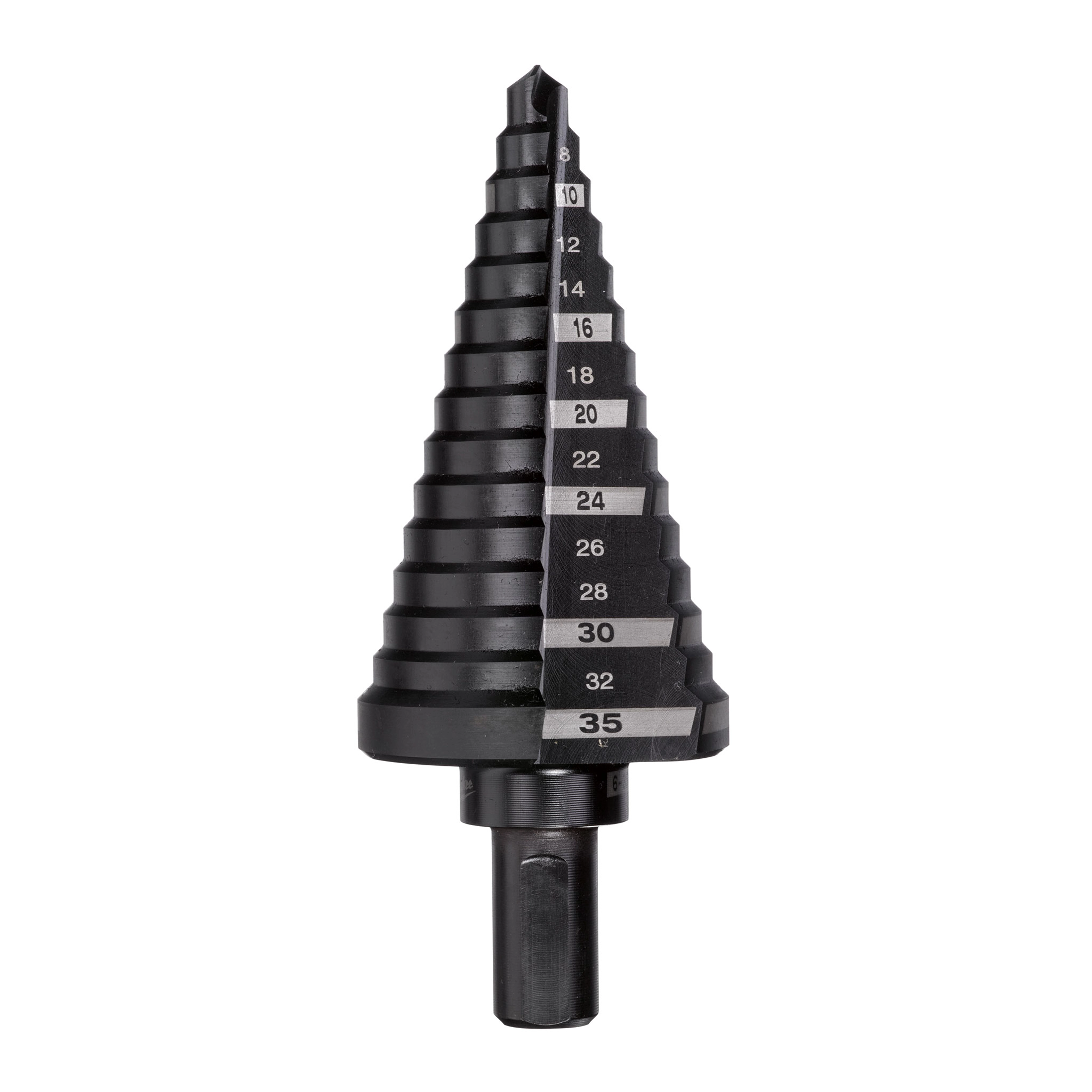 Step Drill Bits Metric 6mm - 35mm features a black, conical design with multiple cutting steps, each marked with its corresponding diameter size ranging from 6mm to 35mm. The bit is designed for drilling precise holes in various materials.