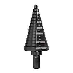 Step Drill Bits Metric 6mm - 35mm features a black, conical design with multiple cutting steps, each marked with its corresponding diameter size ranging from 6mm to 35mm. The bit is designed for drilling precise holes in various materials.