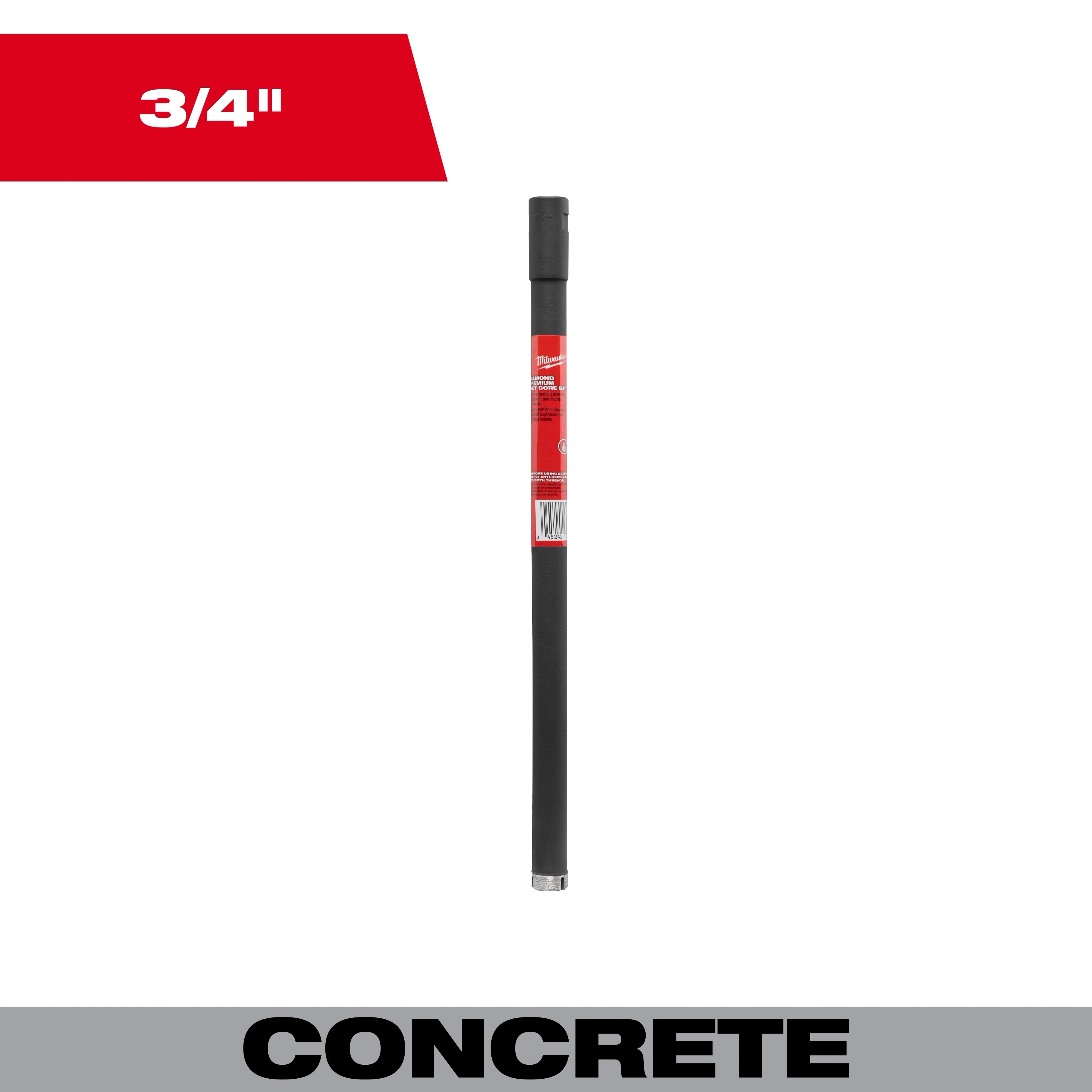3/4" Diamond Premium Wet Core Bit for concrete drilling, with a red label, barcode, and black cylindrical body.