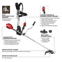 M18 FUEL Brush Cutter with dual shoulder strap harness, 2-speed control, brushless motor, easy load trimmer head, and brush cutter blade.