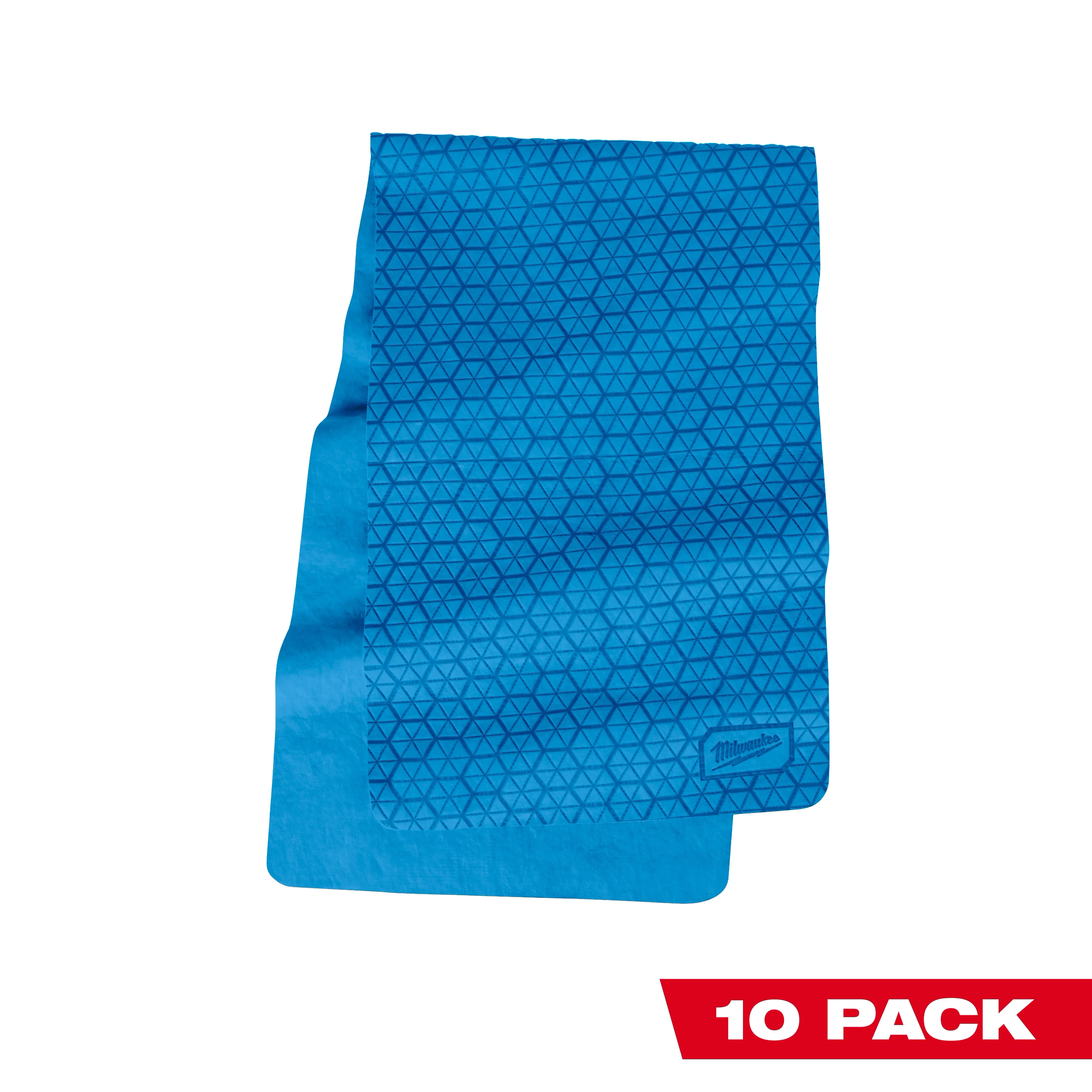 Cooling PVA Towel in blue with a pattern of small triangles. 10 pack shown in red text.