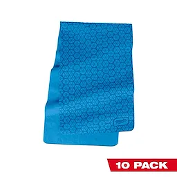 Cooling PVA Towel in blue with a pattern of small triangles. 10 pack shown in red text.