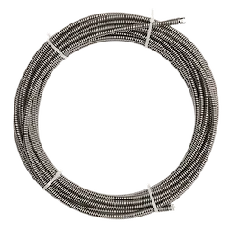 A coiled 3/8" x 75' Inner Core Cable made of durable metal, suitable for plumbing and drain cleaning applications. The cable is secured with white ties at multiple points to maintain its shape.