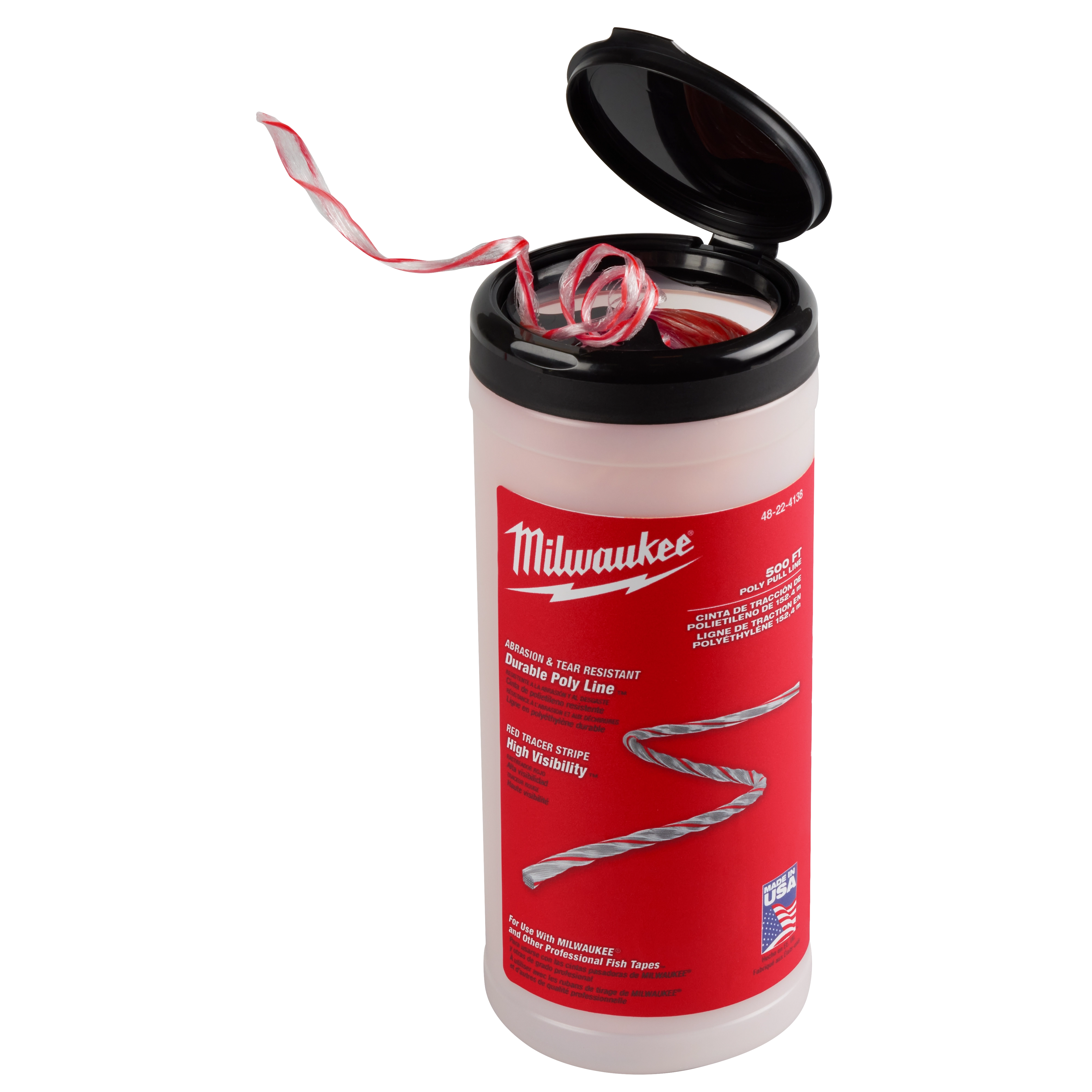 Milwaukee 500' Poly Pull Line in a red and white container with a black lid, showing high-visibility string.