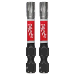 Image of two SHOCKWAVE™ 2" Impact Specialty Wood Screws Power Bits (2 PK) by Milwaukee. The bits feature a metal upper section and black lower section with a red band labeled "Milwaukee."