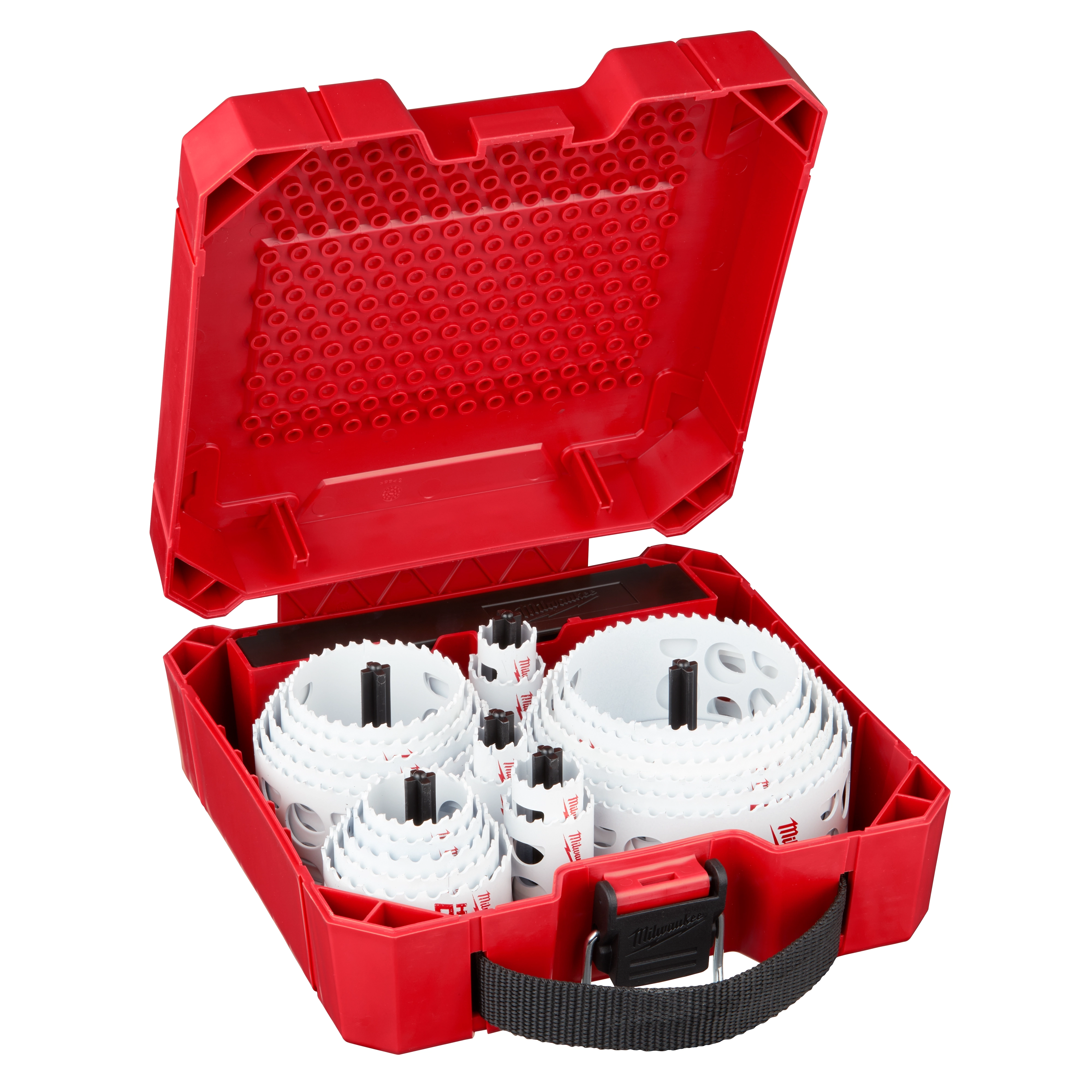 28-PC GP HOLE DOZER KIT includes multiple hole saws organized in a red plastic case with a black handle.