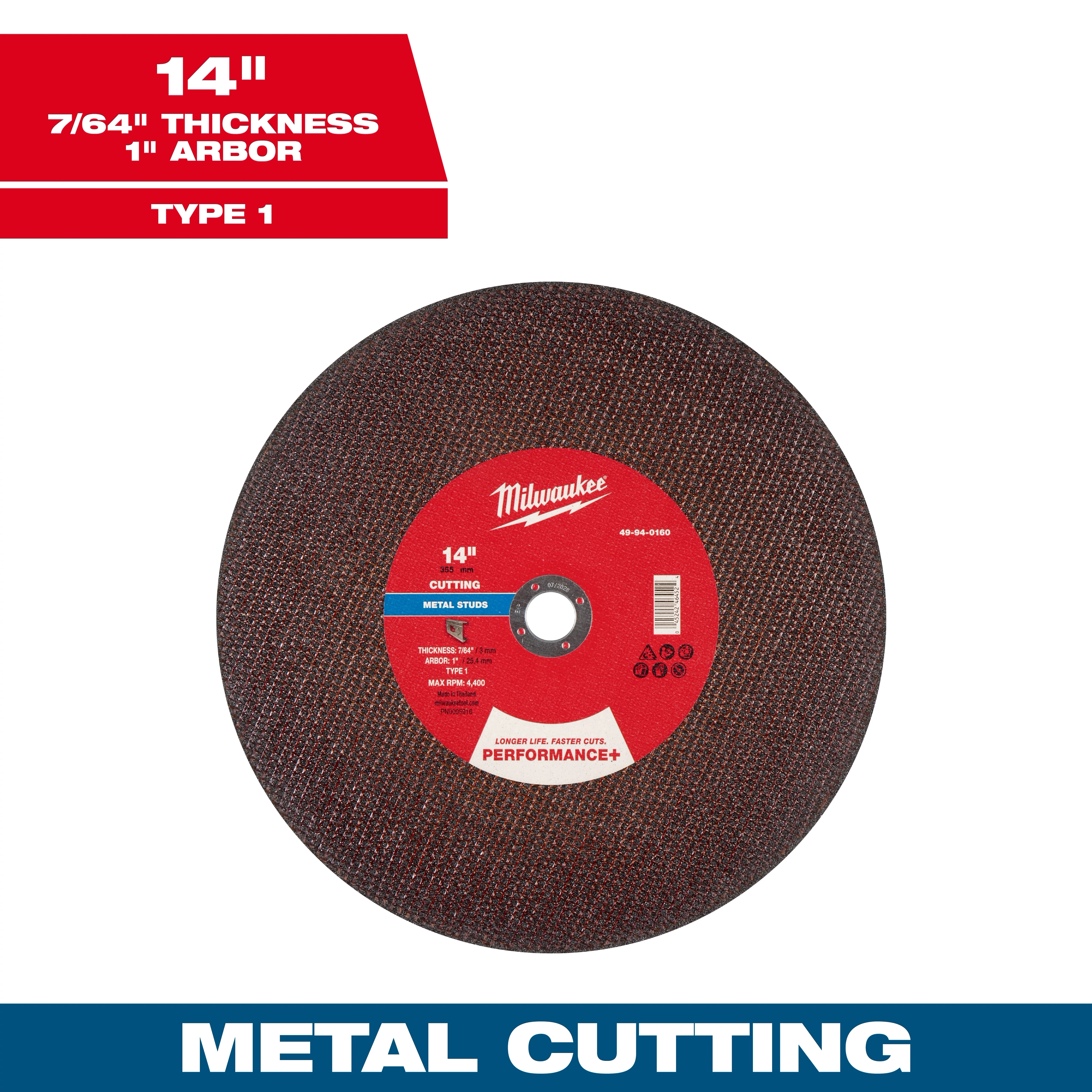 14" x 7/64" x 1" Performance+ Metal Cut Off Wheel Type 1 for metal cutting. Red center, brown edge, white text.