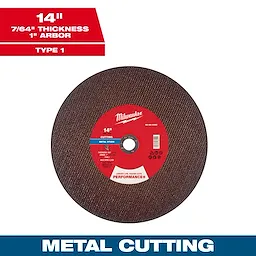 14" x 7/64" x 1" Performance+ Metal Cut Off Wheel Type 1 for metal cutting. Red center, brown edge, white text.
