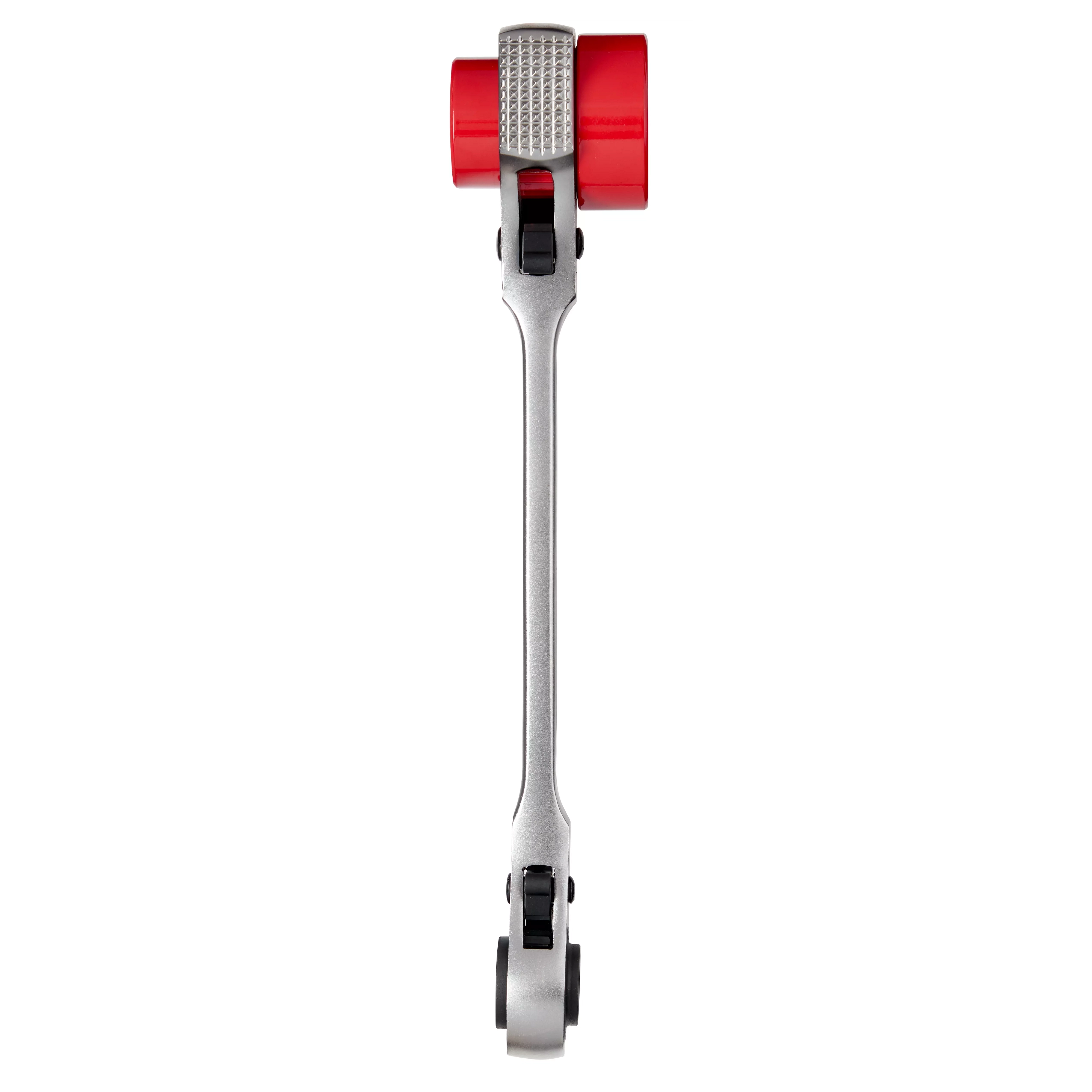 Lineman's 5IN1 Ratcheting Wrench with Milled Strike Face featuring a silver handle, red end caps, and two black switches.