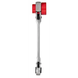 Lineman's 5IN1 Ratcheting Wrench with Milled Strike Face featuring a silver handle, red end caps, and two black switches.