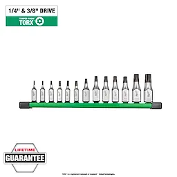The 13pc 1/4” and 3/8” Drive Tamper Proof TORX Bit Socket Set displayed in a green holder, featuring 13 individual metal bits.