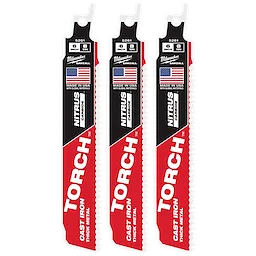 Three 6" 8 TPI TORCH™ with NITRUS™ Carbide SAWZALL® Blades for Cast Iron are shown. The blades feature branding with Milwaukee, TORCH™, NITRUS™ Carbide, and are labeled for cast iron and thick metal, made in the USA. Red, white, and black color scheme. Pack size is 3.