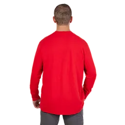 Man wearing a HEAVY DUTY T-SHIRT Long-Sleeve in Red, viewed from the back, with gray pants and a short haircut.