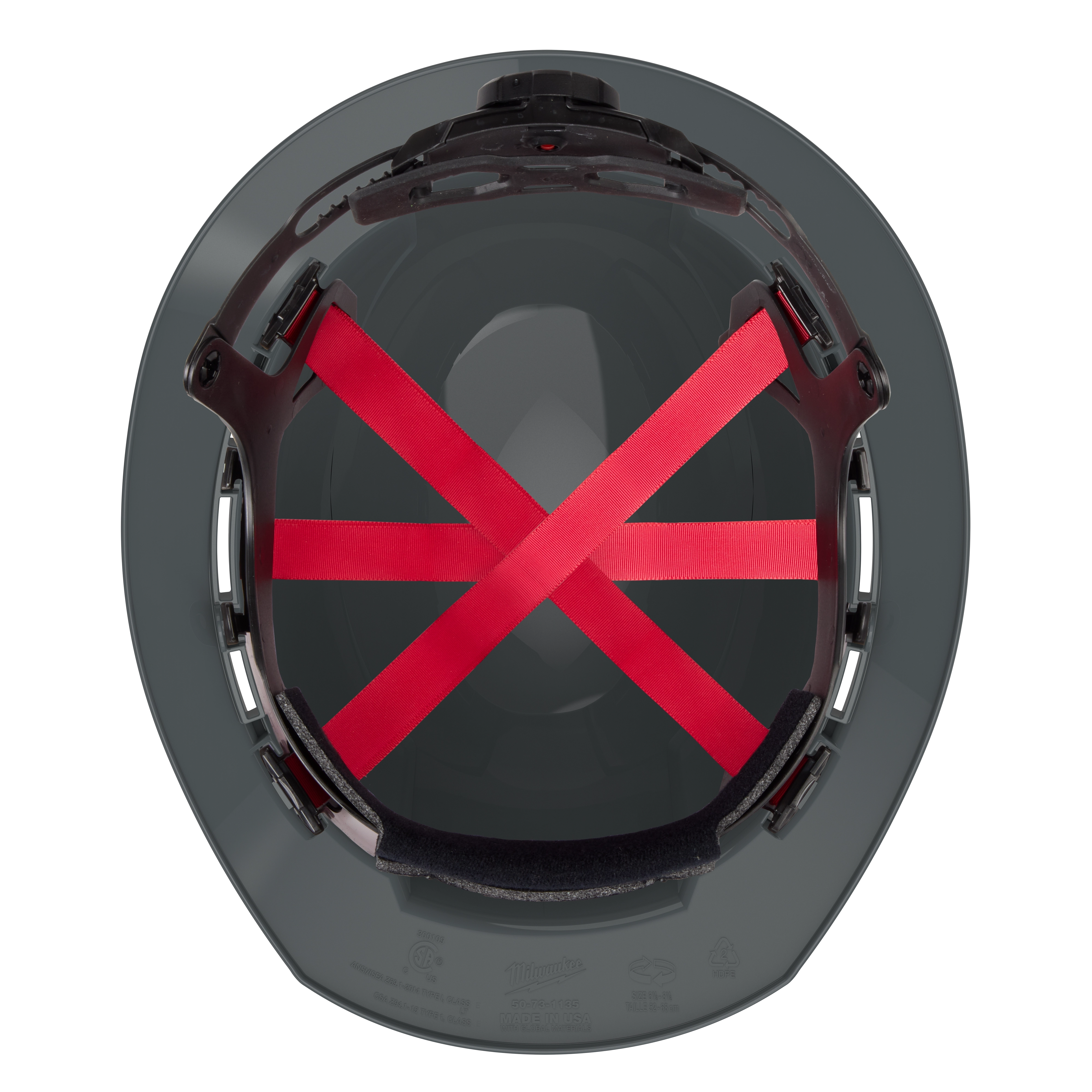 The BOLT Gray Full Brim Hard Hat with 6-point ratcheting suspension (USA) - Type 1, Class E features an internal red crisscross strap system for added stability and comfort.