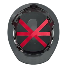 The BOLT Gray Full Brim Hard Hat with 6-point ratcheting suspension (USA) - Type 1, Class E features an internal red crisscross strap system for added stability and comfort.