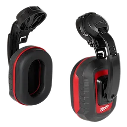 BOLT 24dB Earmuffs in black and red, showcasing cushioned ear cups and adjustable headband connectors. Suitable for hearing protection.