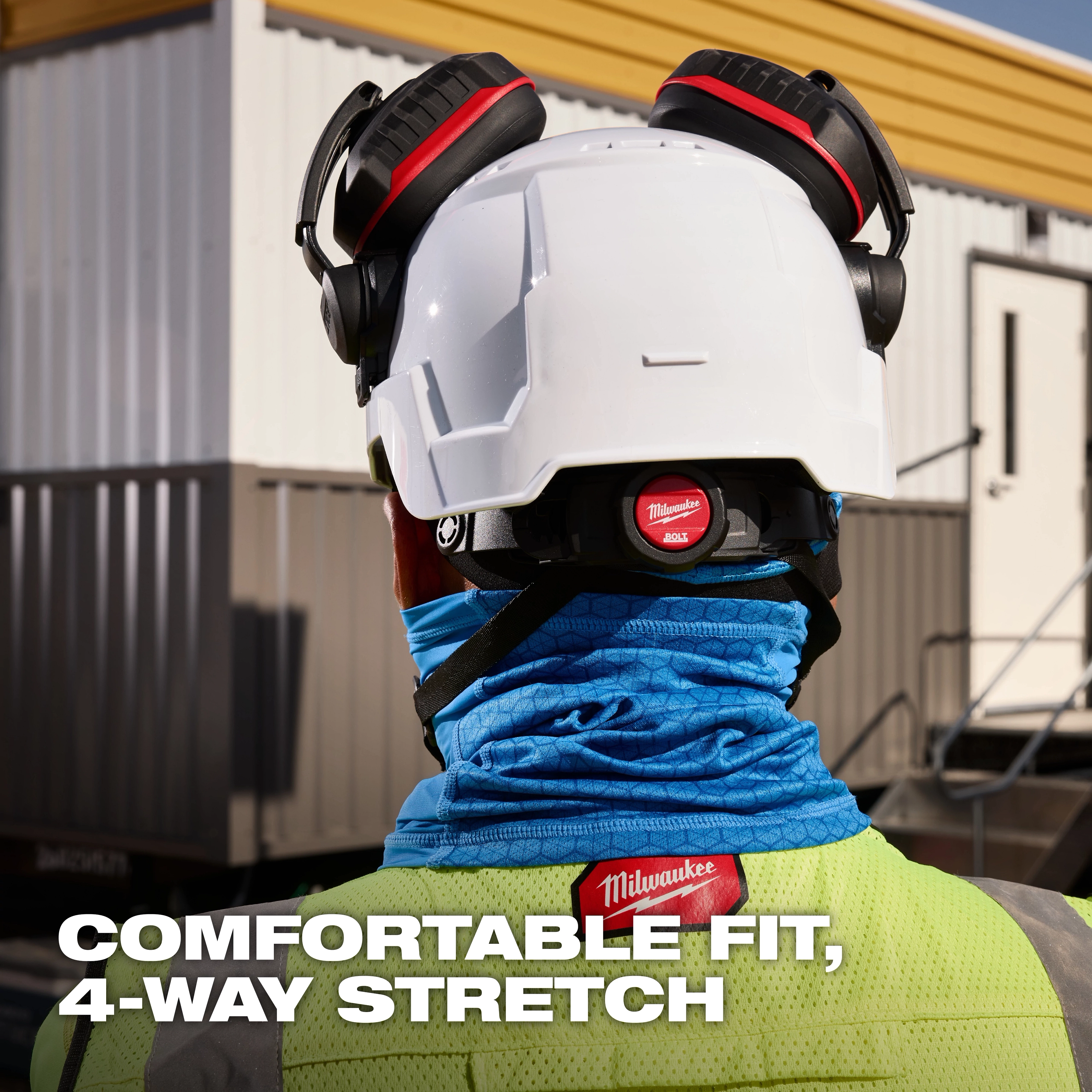 Person wearing a white helmet, ear protection, and a blue Cooling Neck Gaiter with "comfortable fit, 4-way stretch" text.