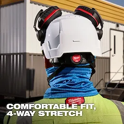 Person wearing a white helmet, ear protection, and a blue Cooling Neck Gaiter with "comfortable fit, 4-way stretch" text.