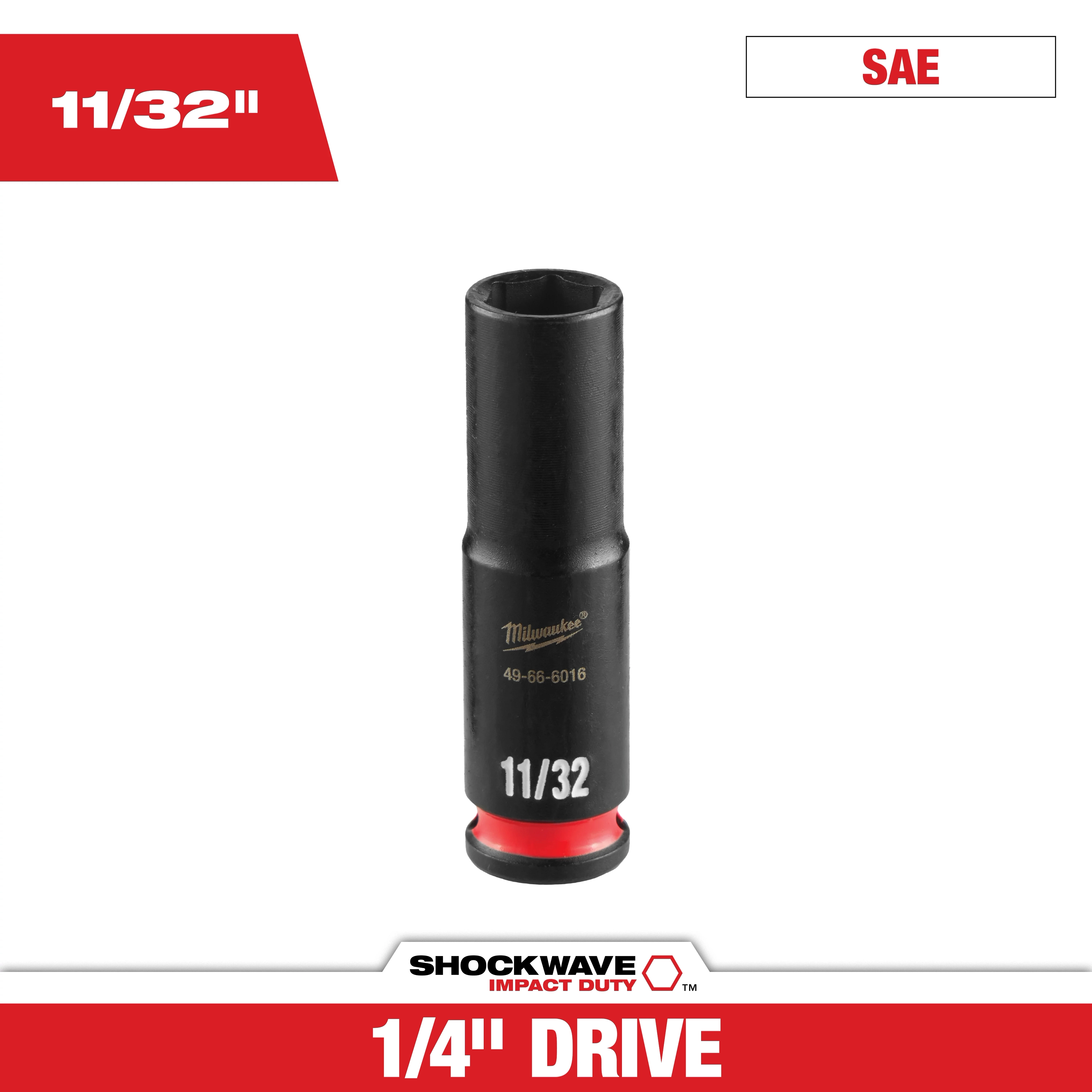 SHOCKWAVE Impact Duty 1/4" Drive 11/32" Deep 6 Point Socket standing upright with size markings visible.