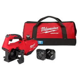 The M18™ FORCE LOGIC™ Single Channel Strut Shear tool is shown with two cutting heads and a red and black carrying case. The tool is bright red with black accents, and the carrying case features the Milwaukee logo and FORCE LOGIC branding.