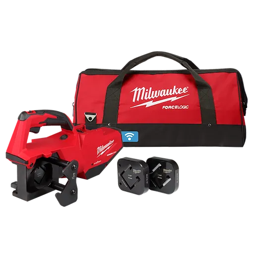 The M18™ FORCE LOGIC™ Single Channel Strut Shear tool is shown with two cutting heads and a red and black carrying case. The tool is bright red with black accents, and the carrying case features the Milwaukee logo and FORCE LOGIC branding.